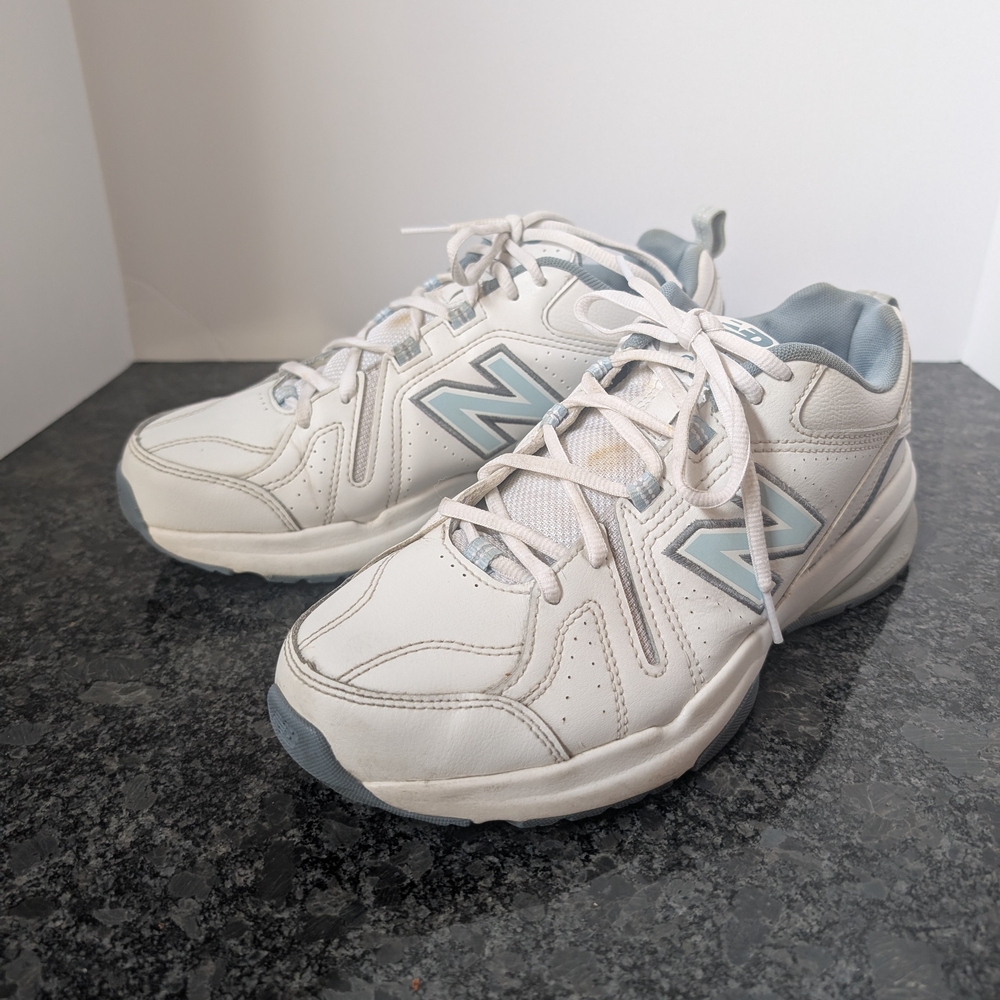 New Balance 608v5 Womens White and Light Blue Athletic Shoes